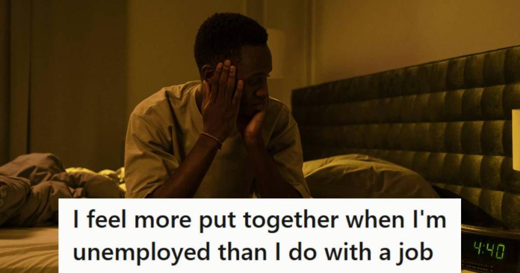 Man sitting on his bed, looking at the clock while dreading going to work