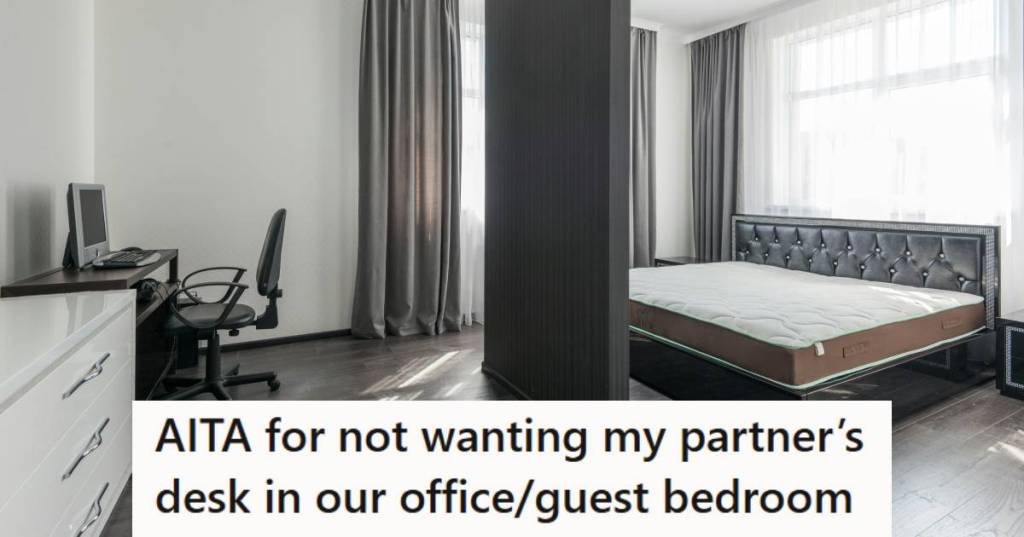Spare bedroom that's minimally decorated and has a desk