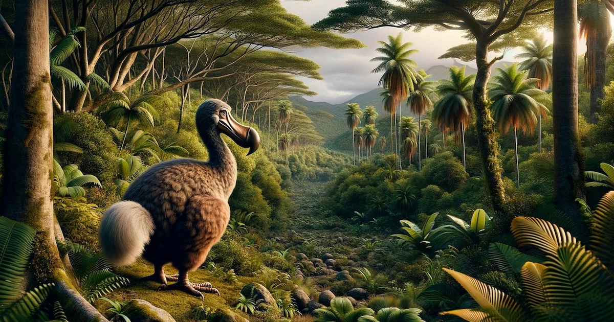 An impression of a dodo in its natural habitat