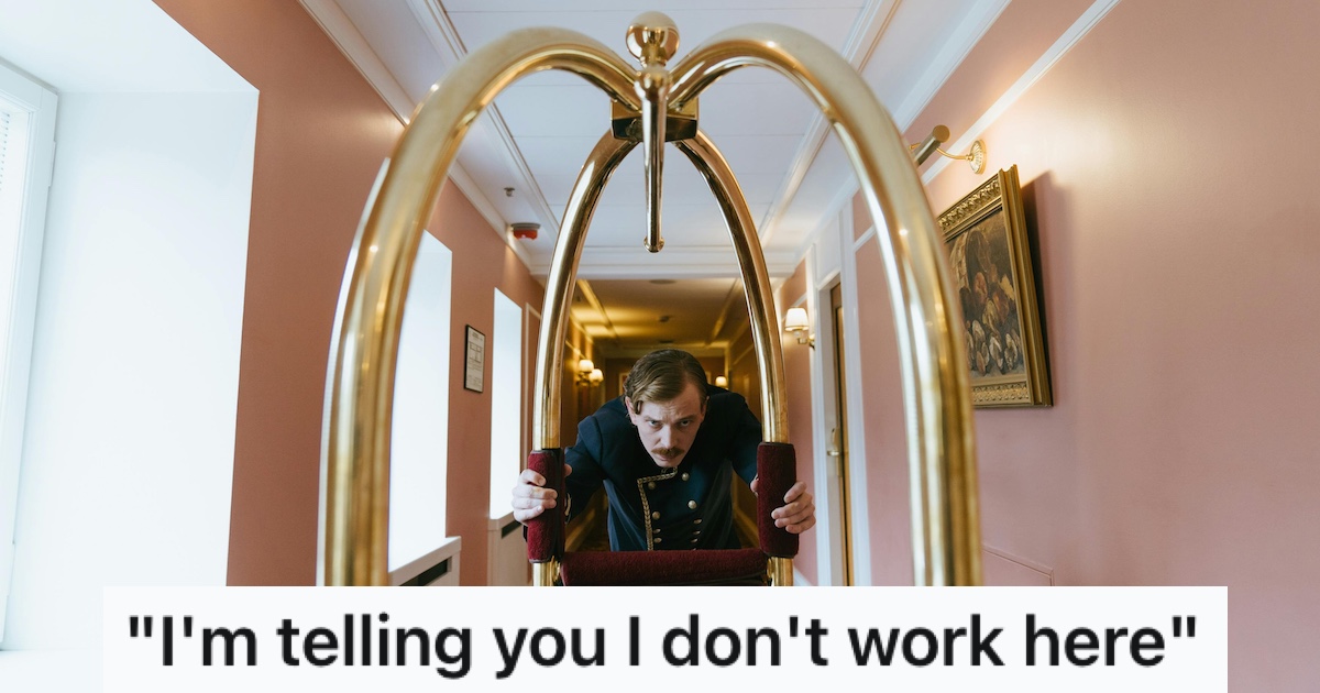 Hotel Front Desk Attendant Was Desperately Trying To Secure A Luggage Cart For A Demanding Guest, So When Another Rude Guest Refused To Give It Up, She Flipped A man pushing a hotel luggage cart