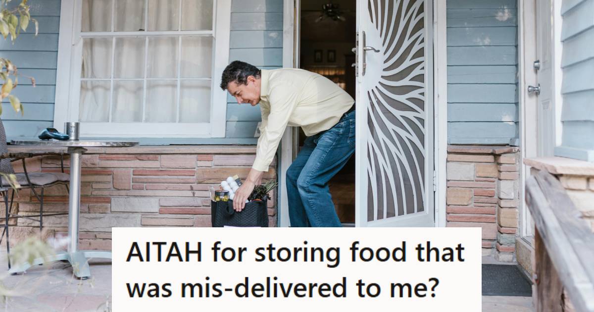 Man picking up groceries off his porch that were mis-delivered