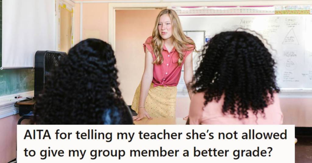 Teacher standing in front of two students' desks, not liking what one has to say.