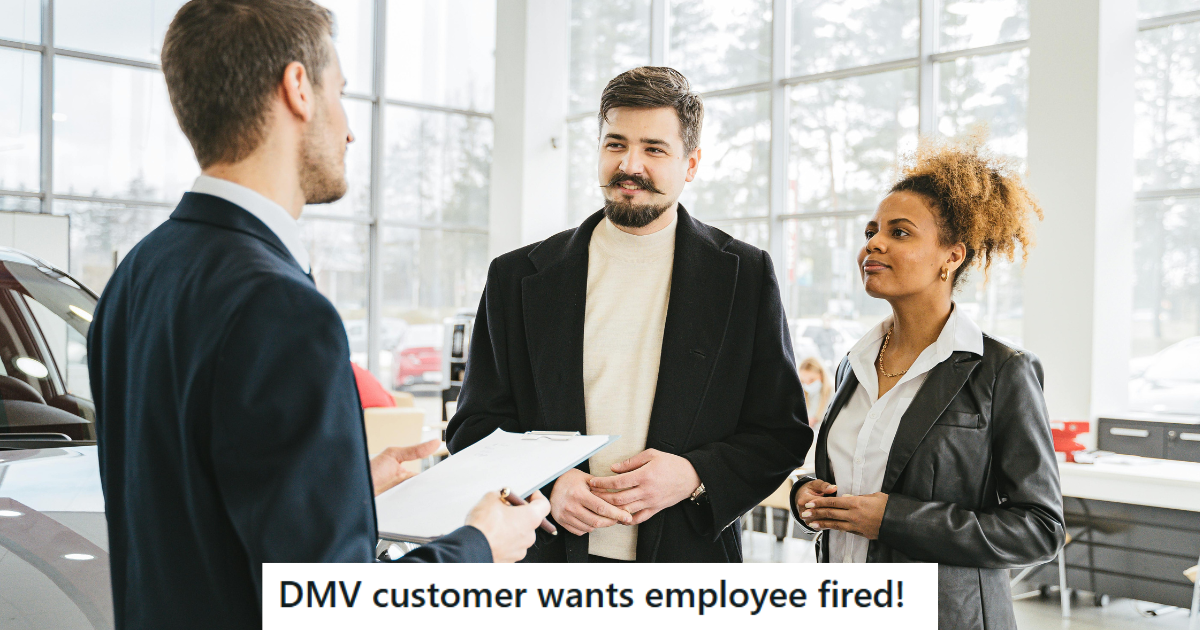 man and woman dealing with a car showroom employee