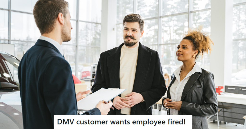 man and woman dealing with a car showroom employee