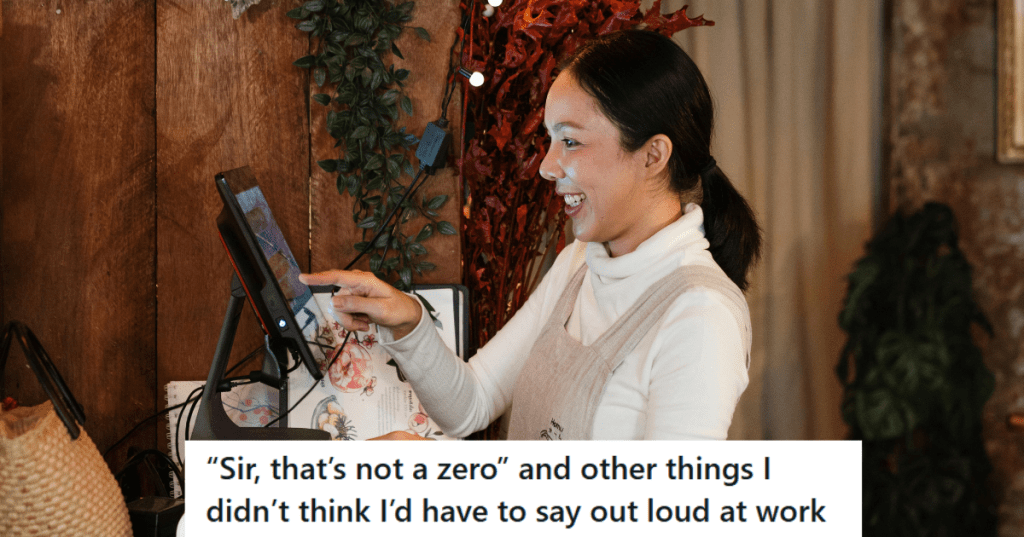Woman in brown apron working at cashier