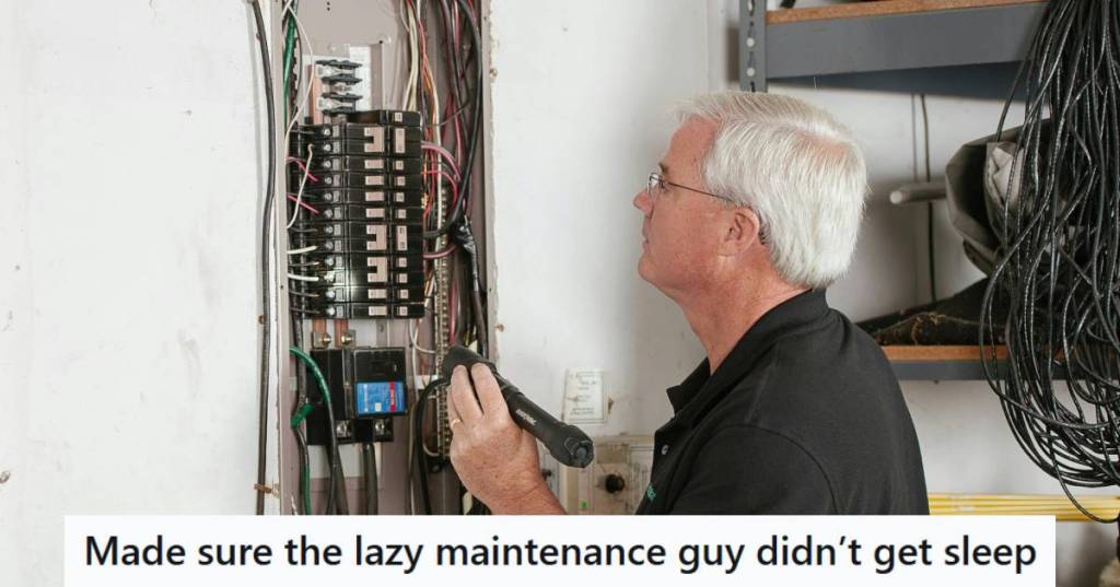 Maintenance man resetting a breaker by flashlight in the middle of the night