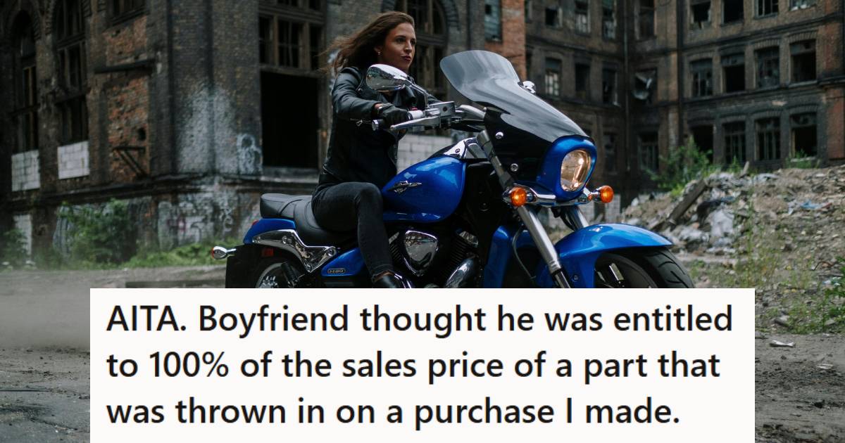 Woman dressed in black leather, riding a Harley