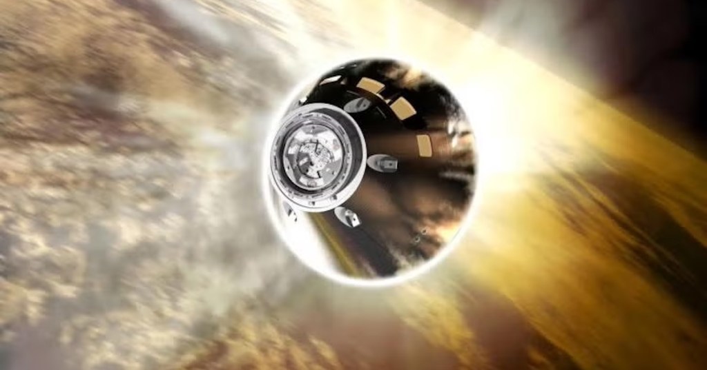 An image of the Orion capsule re-entering the Earth's atmosphere