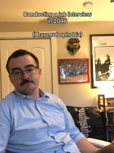 Hilarious TikTok video shows what job interviews will be like in 2046 when AI and robots enter the workforce A man conducting a robot interview