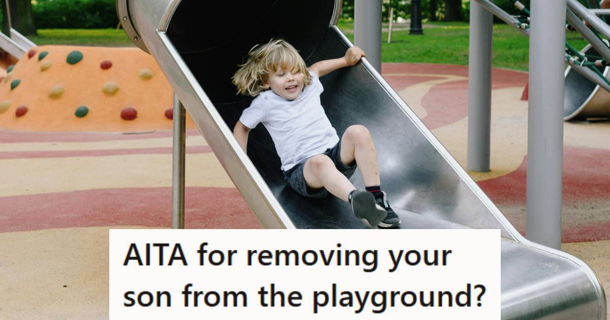 Young boy with blonde hair coming down a metal slide
