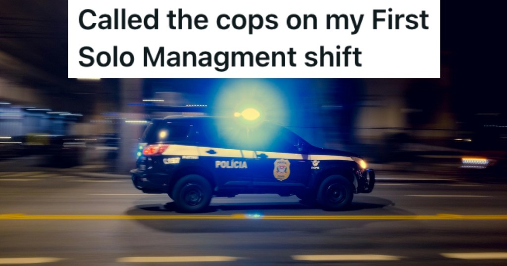 A police car with blue lights flashing