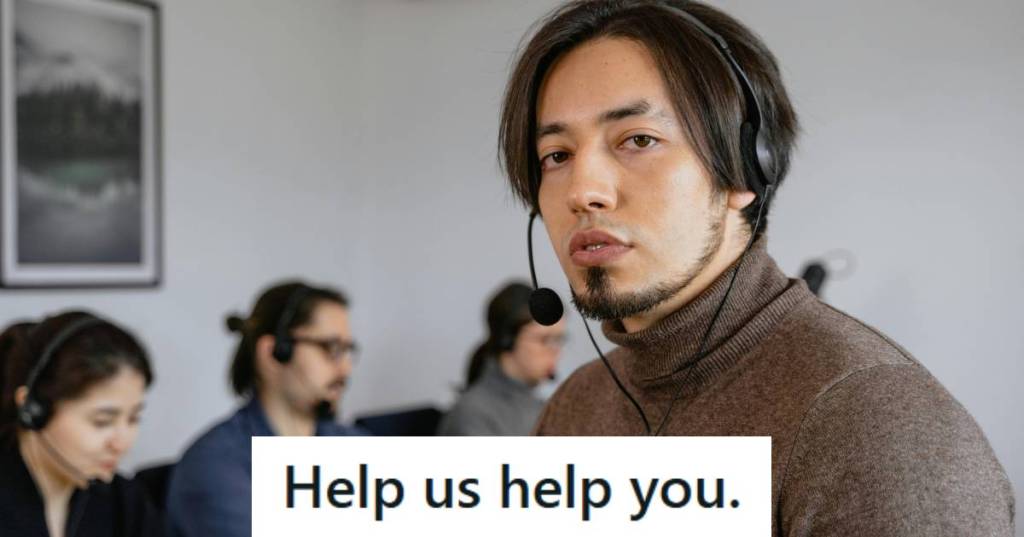 Call center employee looking at the camera with a stale face