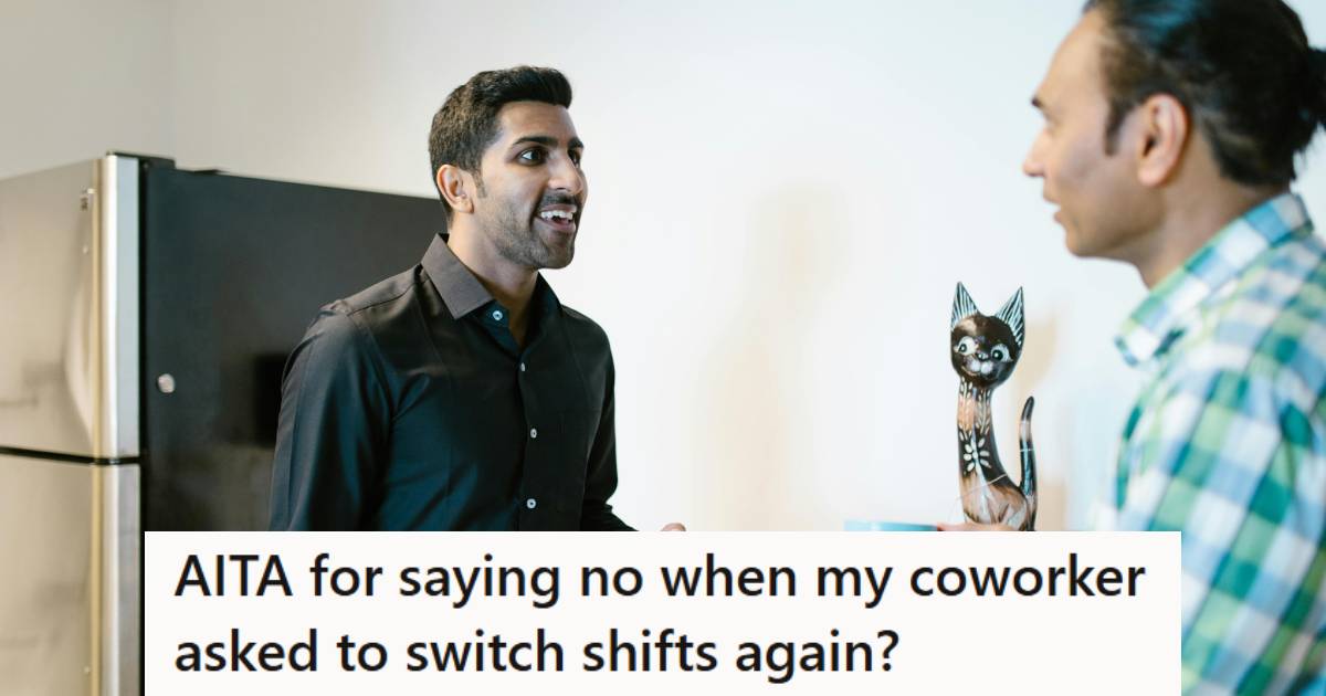 Two men talking in the break room, with one asking the other to cover their shift