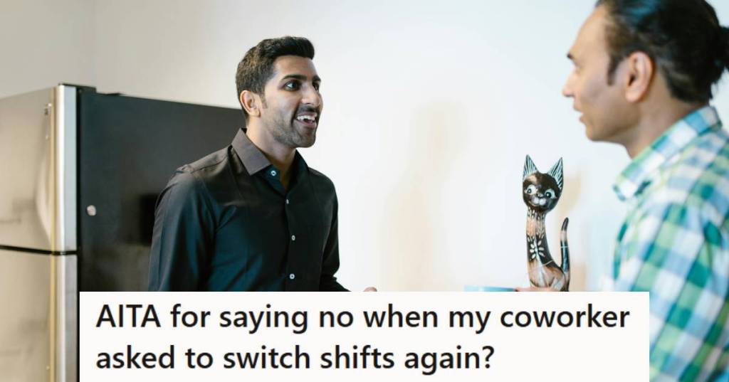 Two men talking in the break room, with one asking the other to cover their shift