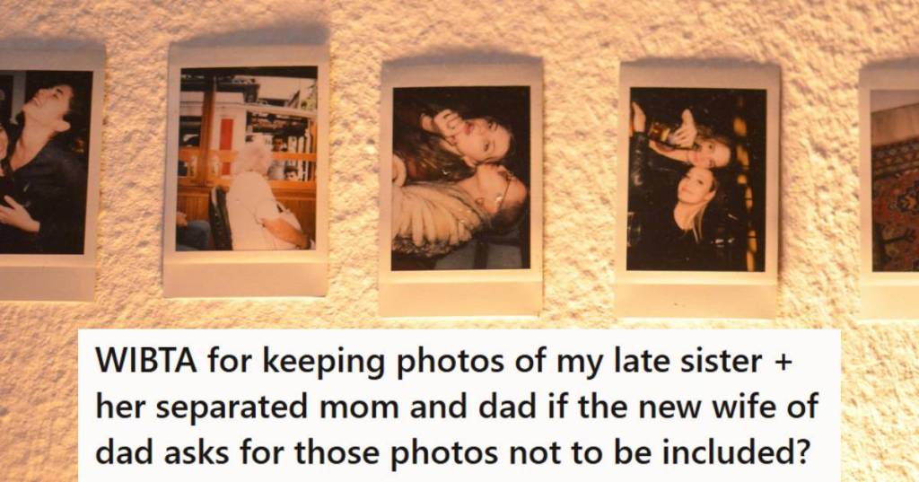 Wall of photos that depict a woman's late sister's life