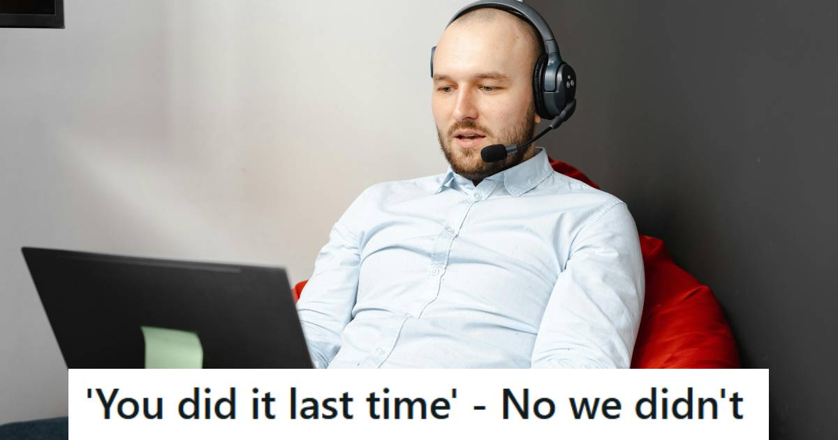 Man working tech support, trying to help a customer