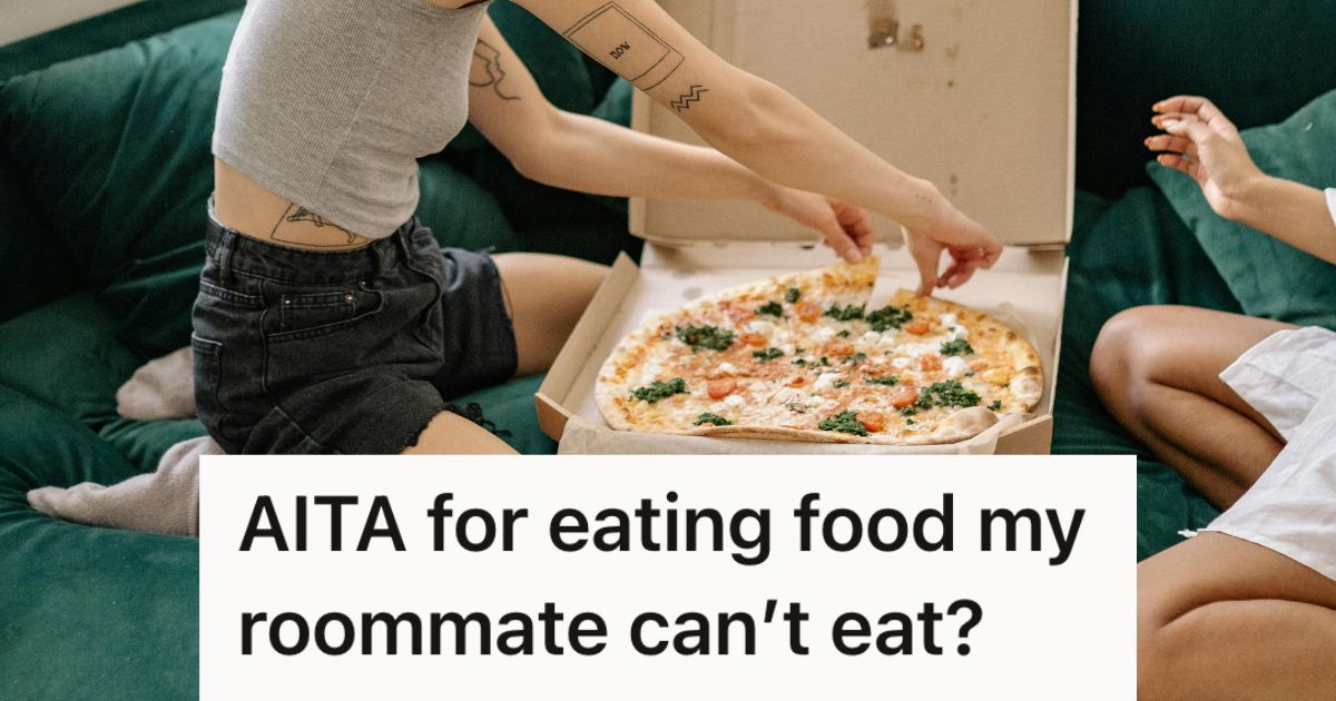 Woman eating pizza on the couch with another woman