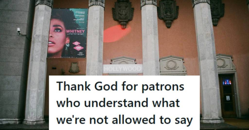 Front facade of a theatre in Hollywood with a "Whitney" poster