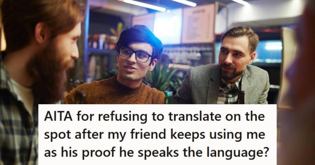 Two men sitting at a bar talking to another man in a foreign language