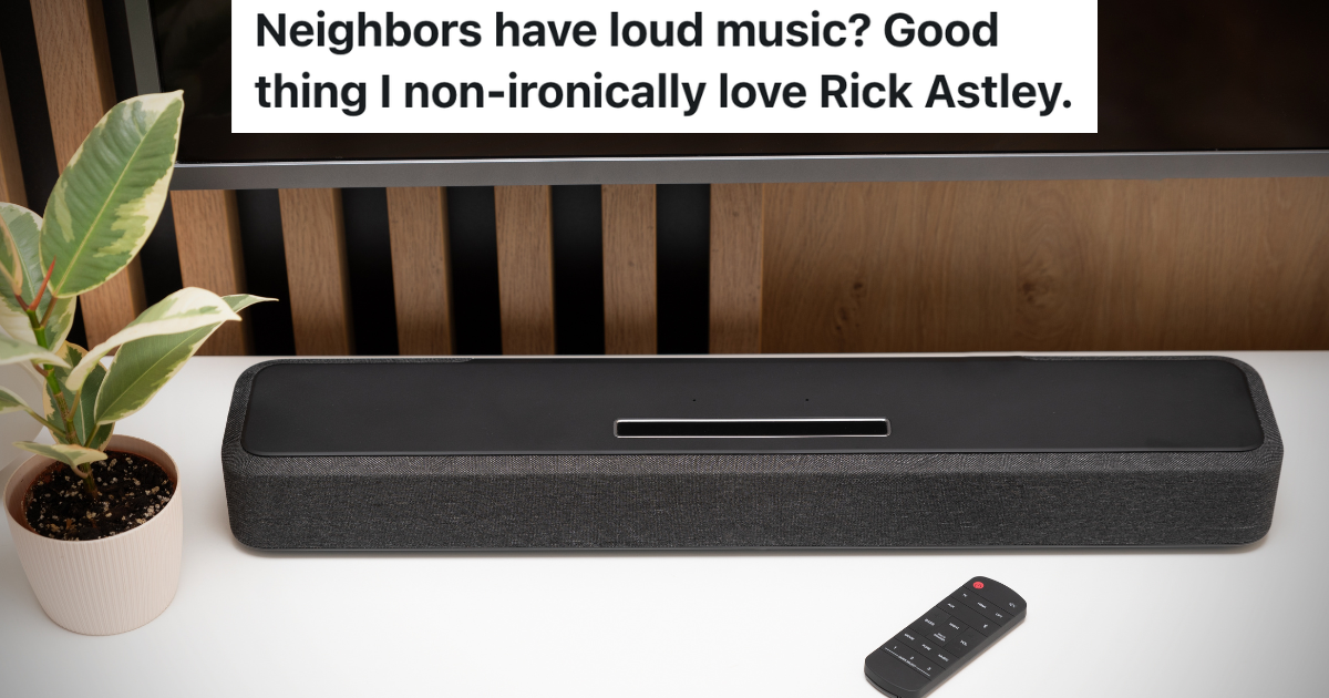 Mans Annoying Next Door Neighbors Blast Loud Music, So He Blasts His Own Music Even Louder For A Full Hour soundbar under a TV