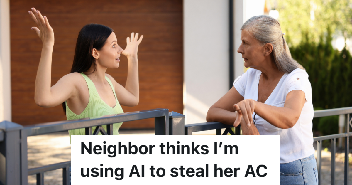younger woman and older woman arguing on opposite sides of a fence