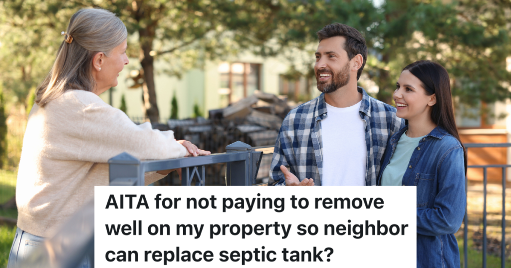 couple talking to female neighbor across a fence