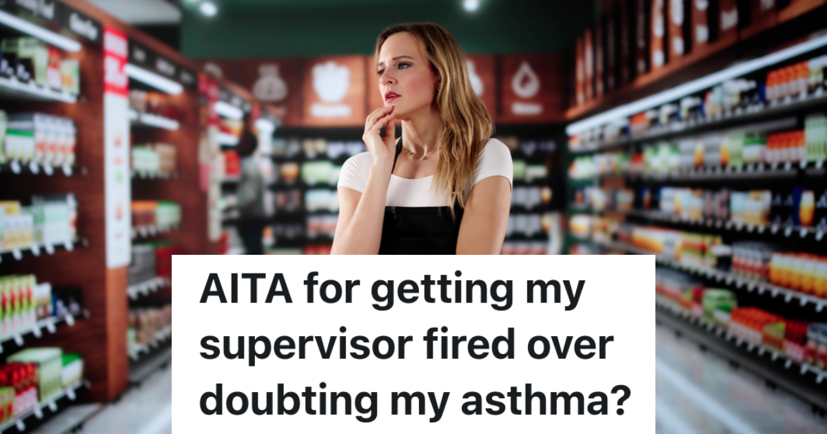 Supervisor Tells Cashier With Asthma To Help Stock Shelves, But She Refuses And Gets Her Supervisor Fired woman in a black apron standing in the middle of a grocery store aisle looking at the shelves