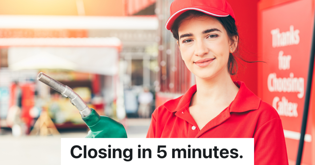 woman in red hat and shirt working at a gas station