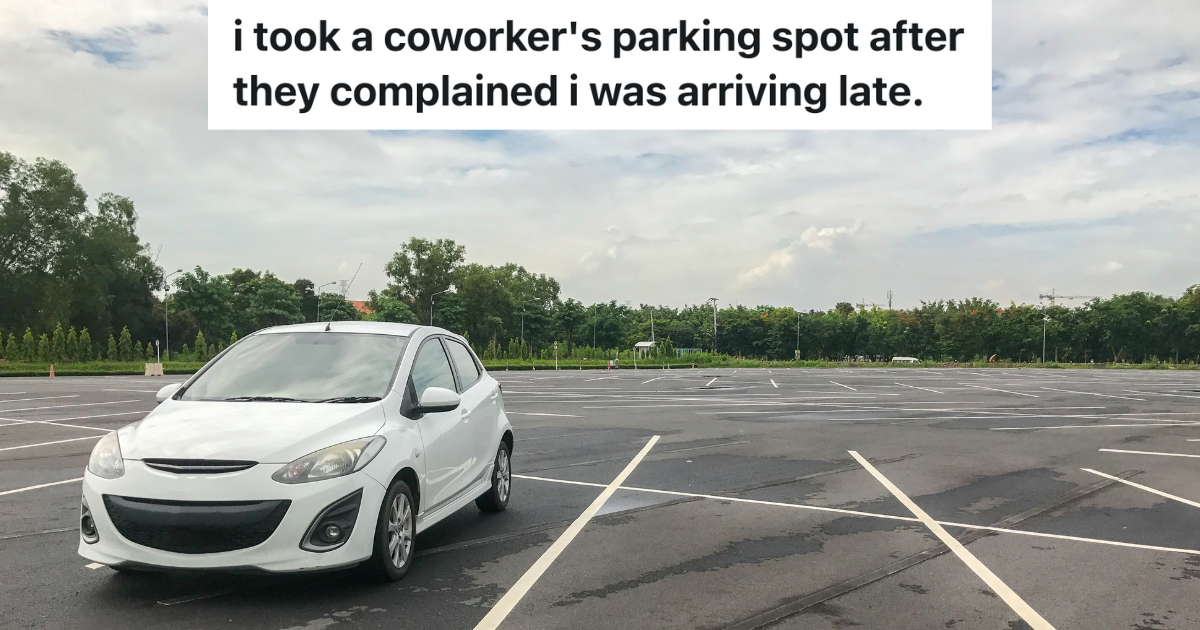 Coworker Complains About Employee Who Is A Few Minutes Late For Work, So The Employee Arrives Early And Parks In The Coworkers Favorite Parking Spot white car parked in otherwise empty parking lot