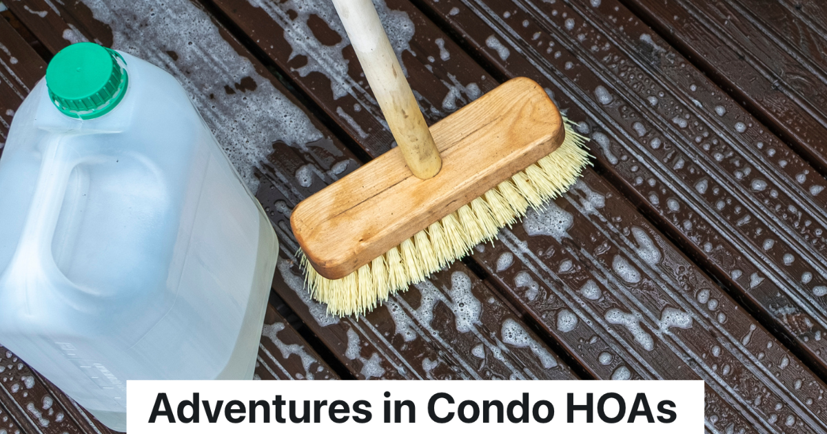 Condo Owner Is A Part Of An HOA And Decides To Clean Her Deck, But Her Downstairs Neighbor Is Pretty Upset By The Soap brush, plastic container and soap suds on a wooden deck