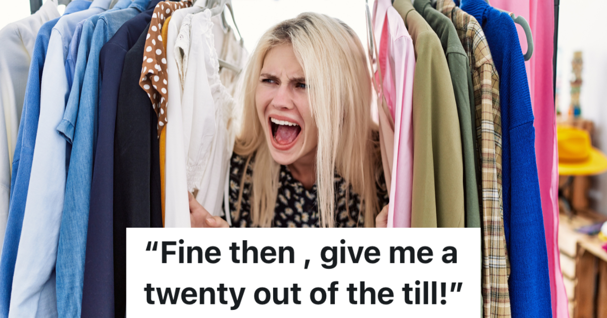 Customer Drops A $20 Bill On The Ground, But When The Employee Cant Find It, She Makes A Crazy Request blond lady yelling while looking through a clothing rack