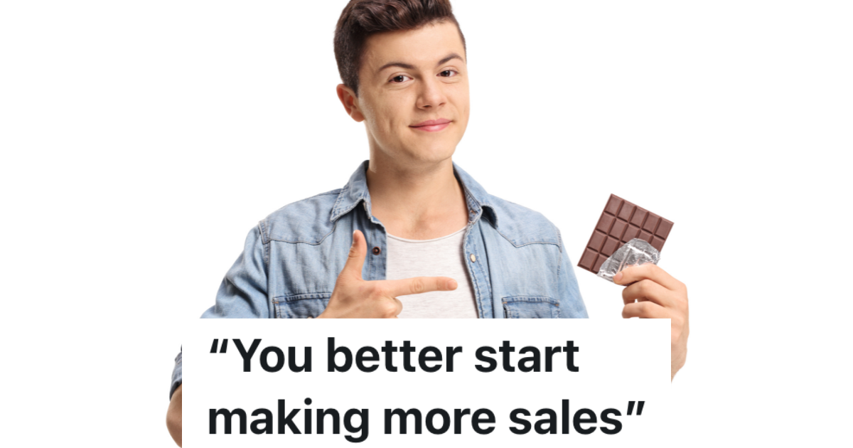 Teens Fail At Selling Candy In A Nice Neighborhood, So They Defy Their Boss By Selling Different Candy And Keeping All Of The Profit teenage boy pointing at a chocolate bar