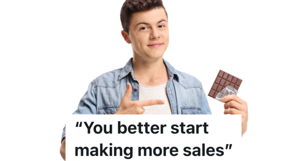 teenage boy pointing at a chocolate bar