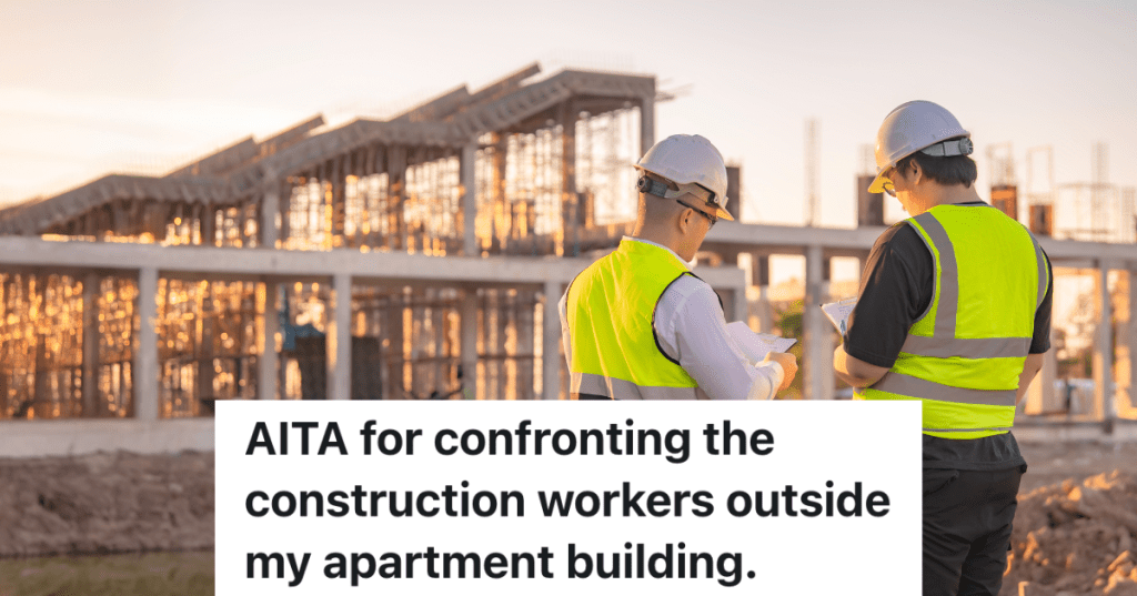 two construction workers looking at a building under construction
