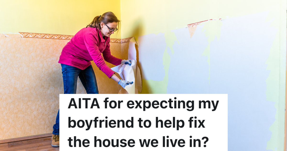 Woman Becomes Her Boyfriends Landlord When She Buys Her Childhood Home And Lets Him Move In, But He Refuses To Help Her With Any Construction Work woman removing wallpaper from a wall