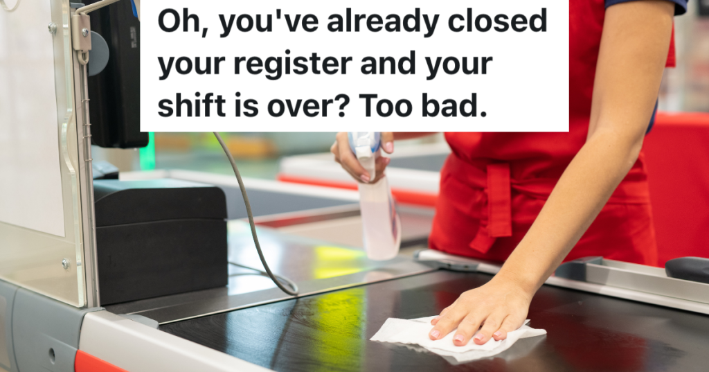 closeup of cashier wiping down checkout lane