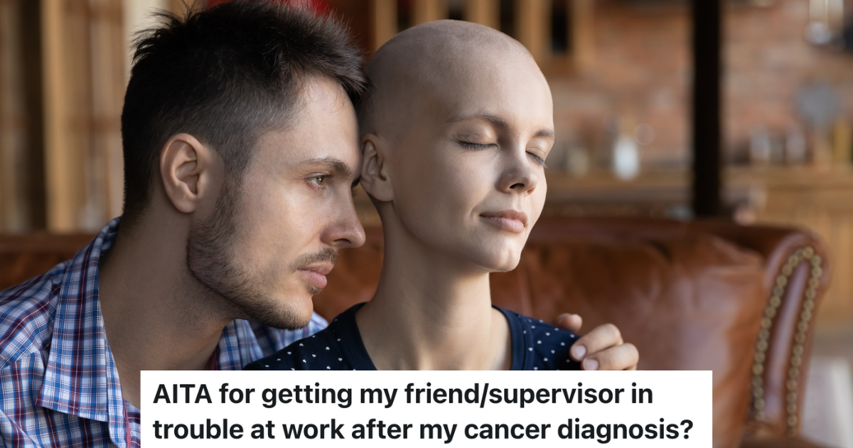 man putting his arm around his stressed out bald wife with cancer