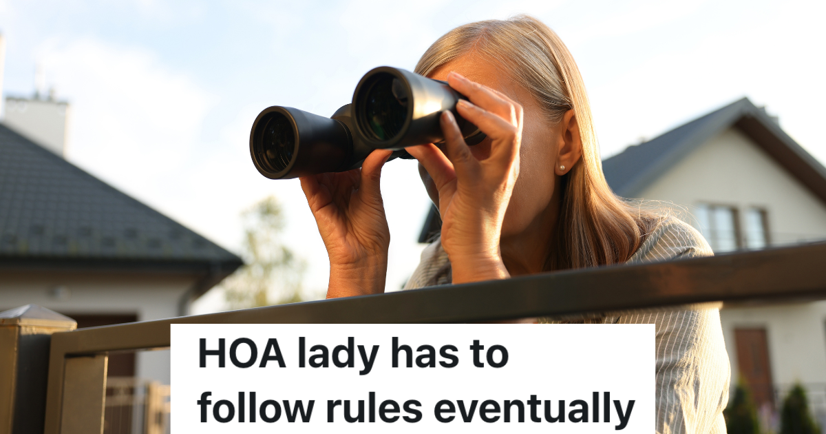 older lady looking through binoculars to spy on her neighbors