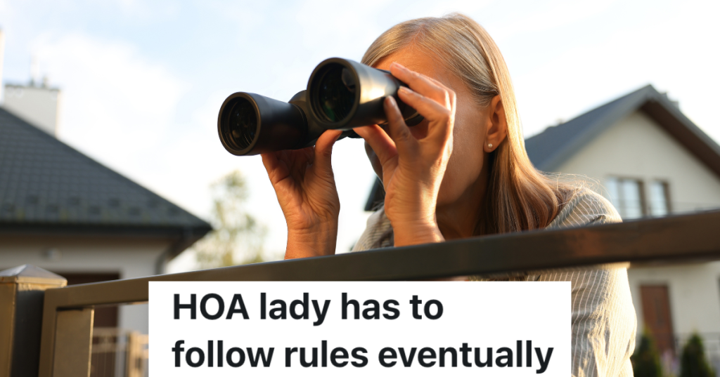 older lady looking through binoculars to spy on her neighbors