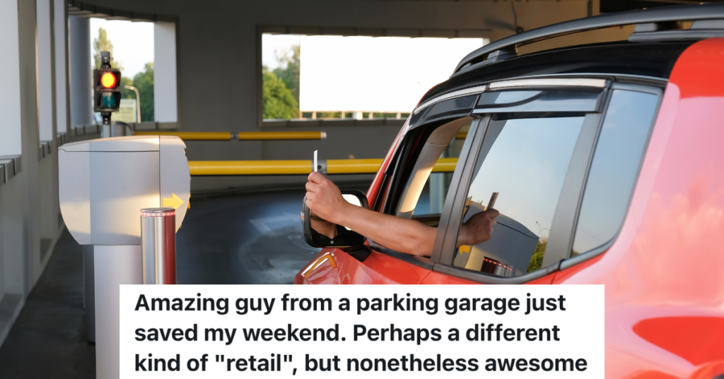 man in red car at machine where you pay to leave parking garage