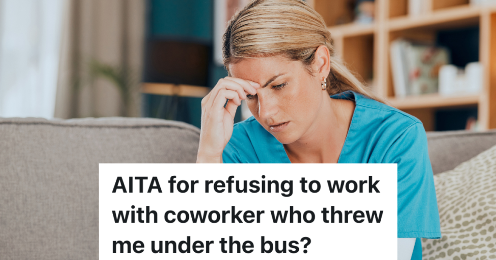 upset blond woman in scrubs sitting on a couch