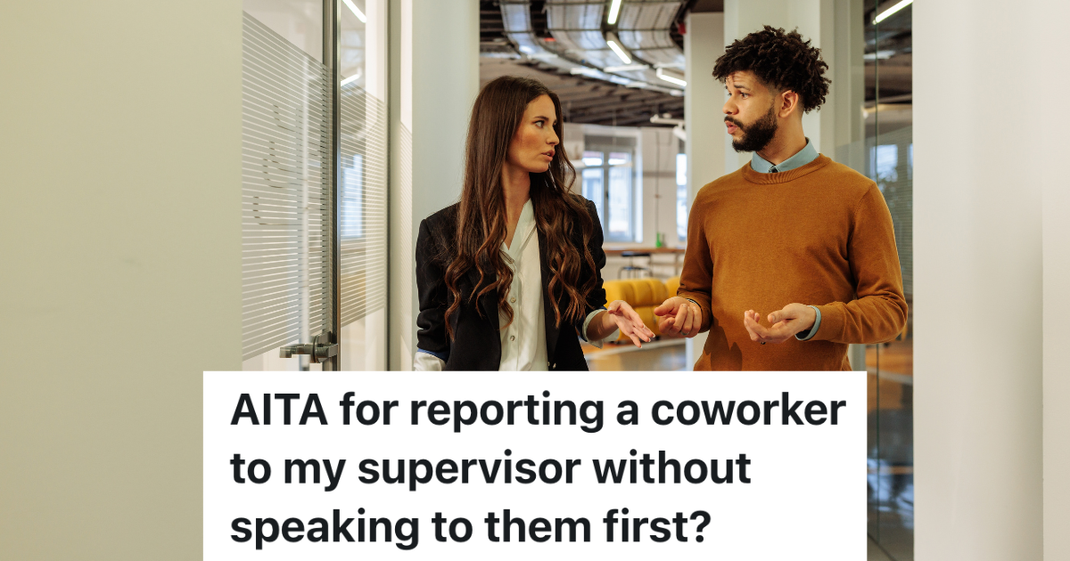 male and female coworkers talking down a hallway talking