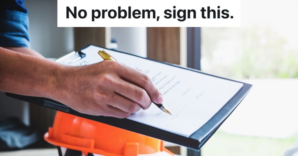 man holding out a pen and a clipboard with a form on it