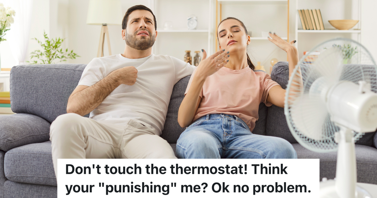 young couple sitting on couch with fan pointed at them