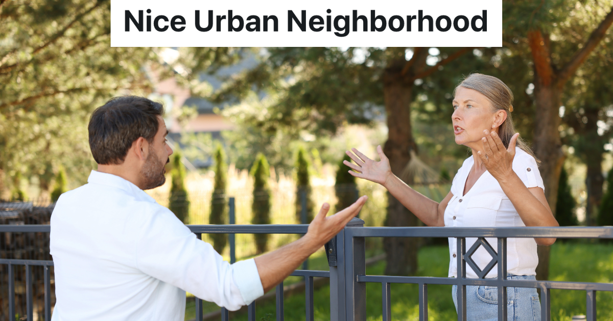 male and female neighbors arguing across a fence