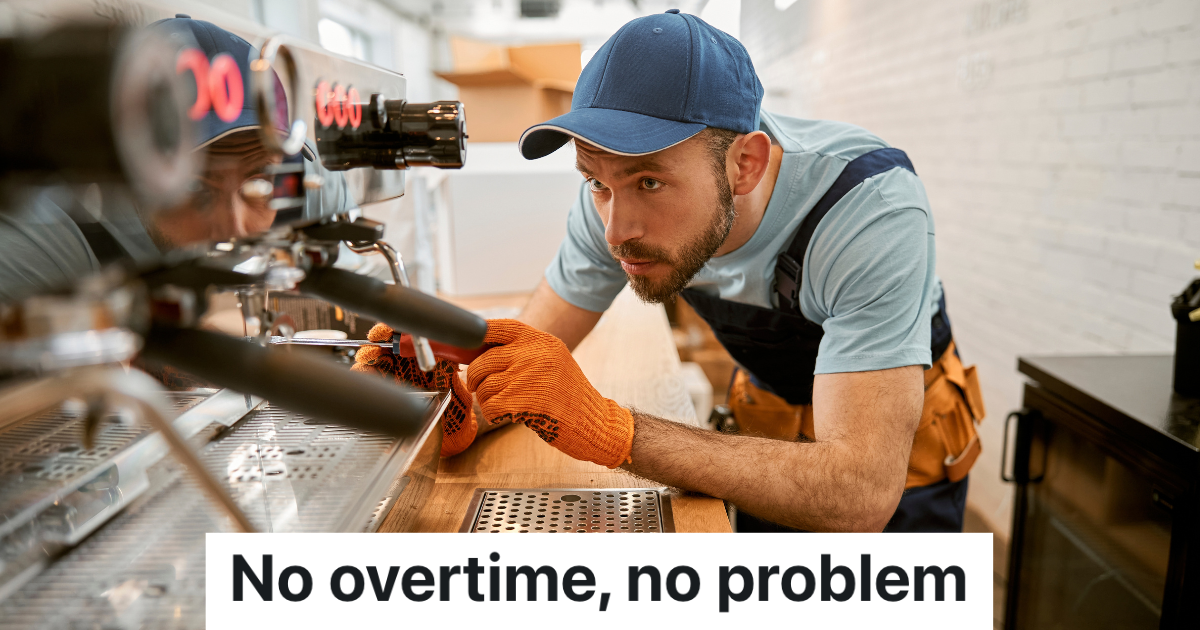 Maintenance Employee At Fast Food Restaurant Is Told Not To Work Overtime, So A Lot Of Broken Items Go Unfixed repairman fixing commercial espresso machine