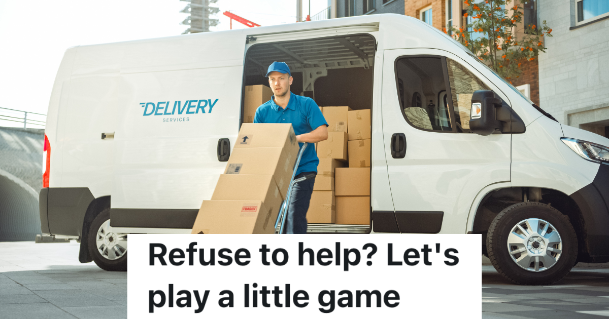 delivery driver transporting boxes from van with a hand truck