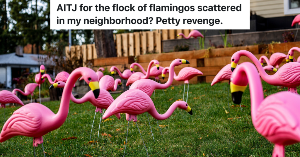 lots of pink flamingos in front yard.