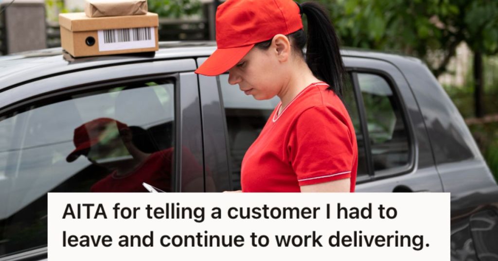 Delivery woman wearing a red cap and shirt while checking her phone