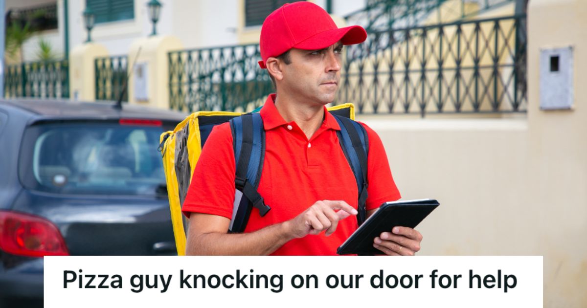 Man delivering pizza and holding a tablet